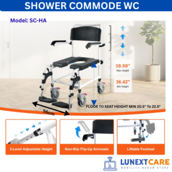 SHOWER COMMODE WHEELCHAIR Height adjustable