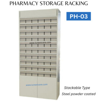 Pharmacy storage racks with 60 bins