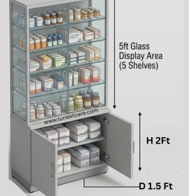 Pharmacy rack with Glass display shelves & bottom Door storage