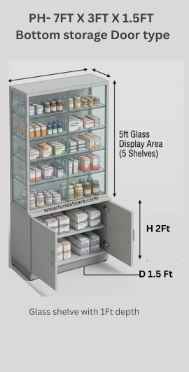 Pharmacy rack with Glass display shelves & bottom Door storage