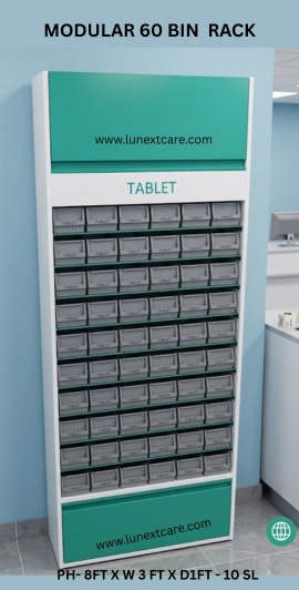 Modular Pharmacy rack with 60 bin
